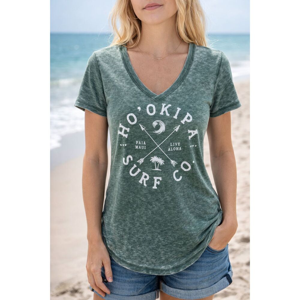 Tech Styles HO’OKIPA Surf Co Grunge Green V Neck T Shirt Women's Small Beach #4